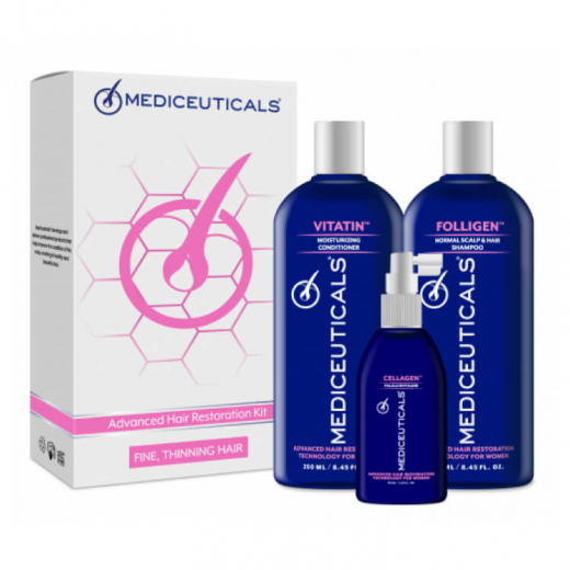 Mediceuticals Набор для стимулирования роста волос для женщин, тонкие волосы Шампунь Folligen 250ml, Кондиционер Vitatin 250ml, Сыворотка Cellagen 125ml