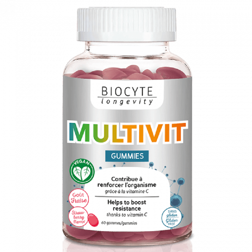 
                Biocyte Multivit Gummies Добавка диетическая в форме жвачек со вкусом клубники, состоящей из 9 витаминов и 1 минерала, 60 капсул